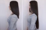 Vzporedni sliki, ki prikazujeta žensko s srednje dolgimi temnimi ravnimi lasmi na levi in opazno daljšimi lasmi na desni, zahvaljujoč Premium Flip in Podaljški 55cm 160g - Premium podaljški. Nosi svetlo sivo srajco z dolgimi rokavi na navadnem belem ozadju.