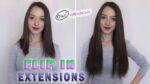 Vzporedna primerjava ženske pred in po uporabi lasnih podaljškov. Na levi sliki je prikazana z lasmi do ramen, na desni pa z veliko daljšimi, polnejšimi lasmi. Besedilo se glasi "Flip In Extensions" z logotipom OxY Extensions zgoraj.
