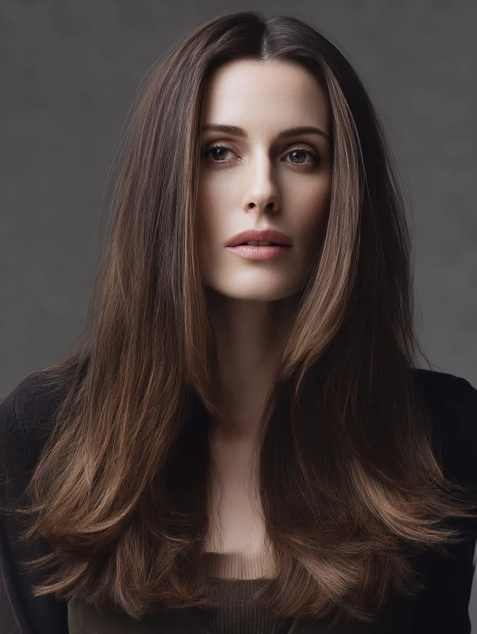 Frizure glede na obliko obraza – Vodič 2026 8 Ženska s pravokotno obliko obraza in dolgo slojevito frizuro, ki vizualno skrajša obraz in zmehča poteze.