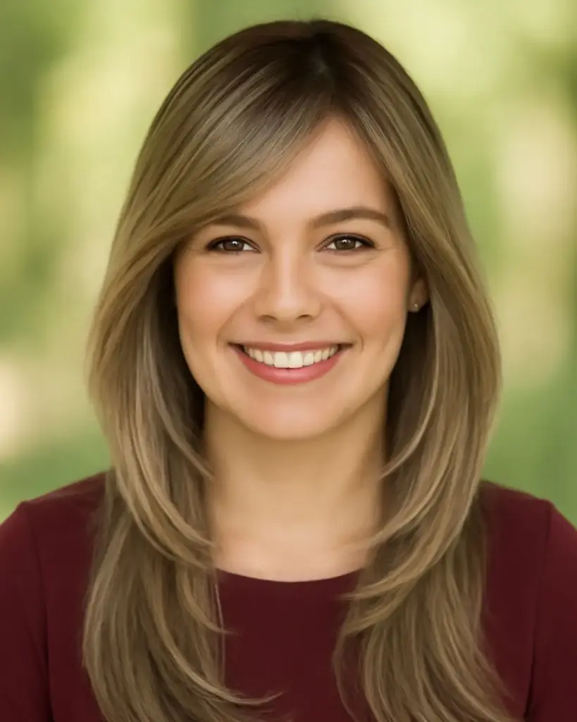 Idealne in zgrešene pričeske za kvadratni obraz 8 Dolgi sloji s stranskim frufrujem, ki zmehčajo čeljust in optično podaljšajo kvadratni obraz