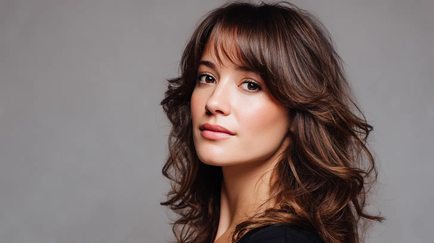 Idealne in zgrešene pričeske za kvadratni obraz 1 Ženska s kvadratnim obrazom in dolgimi sloji ter mehkim frufrujem, ki zmehčajo linije in ustvarijo uravnotežen videz