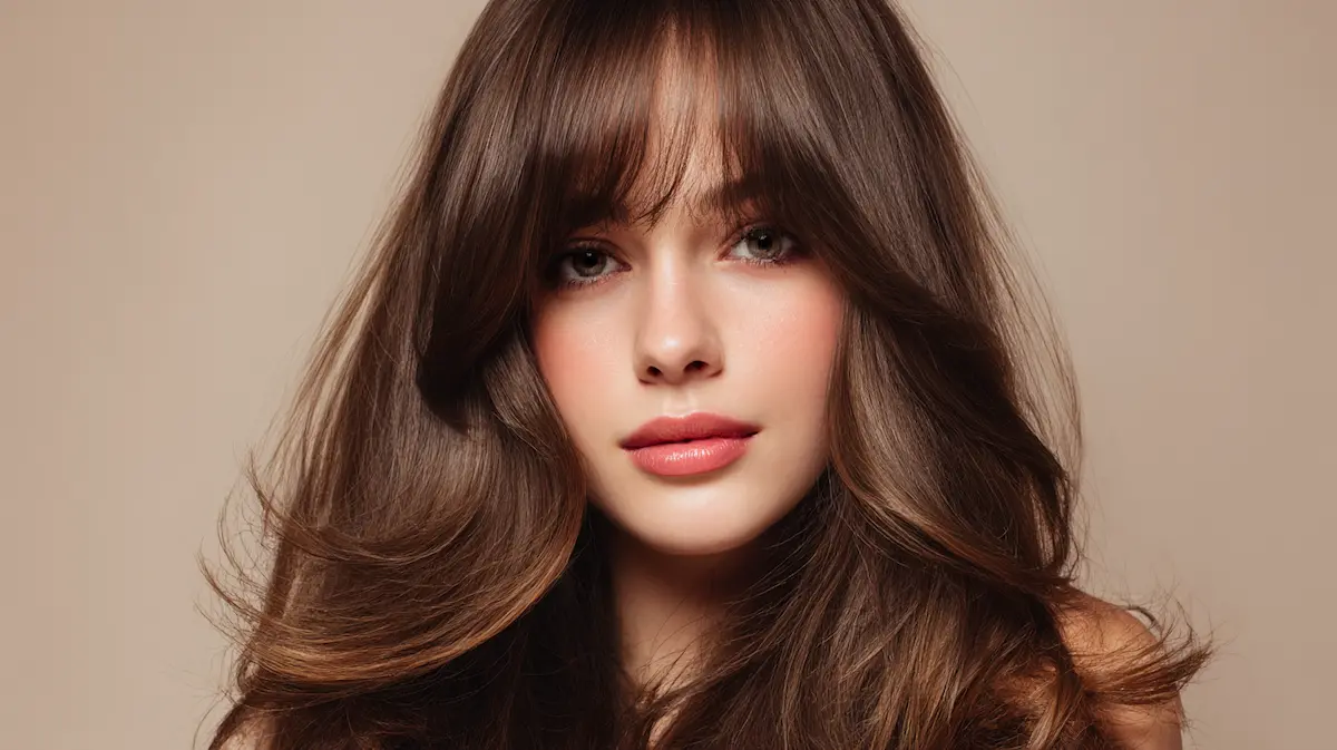 Idealne in zgrešene pričeske za srčast obraz 1 Ženska s srčastim obrazom in dolgo pričesko z curtain frufrujem, ki poudari oči in uravnoteži obrazne poteze