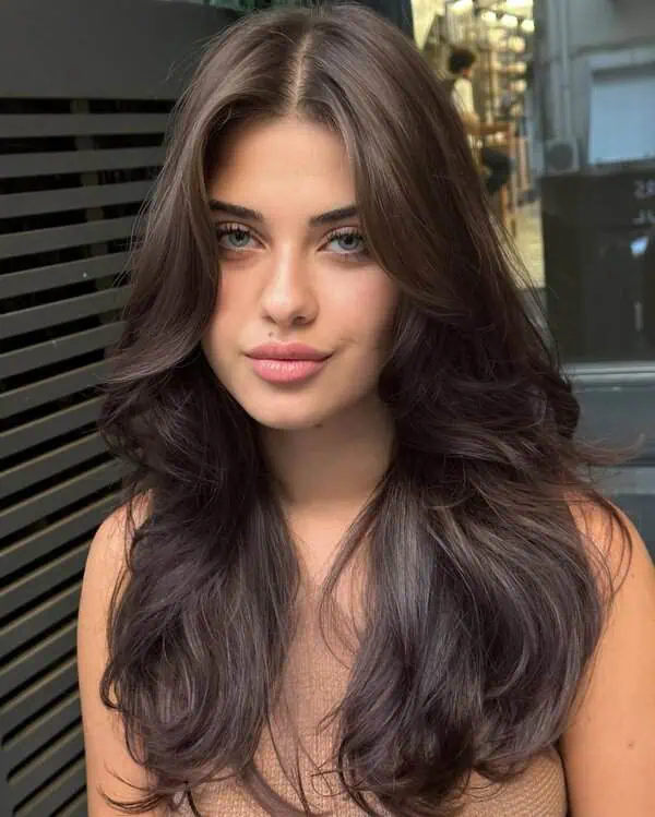 Idealne in zgrešene pričeske za ovalen obraz 25 sredinsko razdeljeni mehki slojasti cokoladno rjavi lasje ovalen obraz