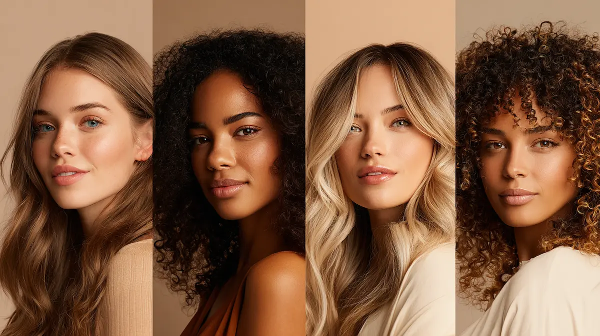 Frizure glede na tip las – Vodič 2026 3 Kolaž žensk z različnimi tipi las – tanki, gosti, kodrasti in ravni lasje, prikaz frizur glede na tip las v vodiču