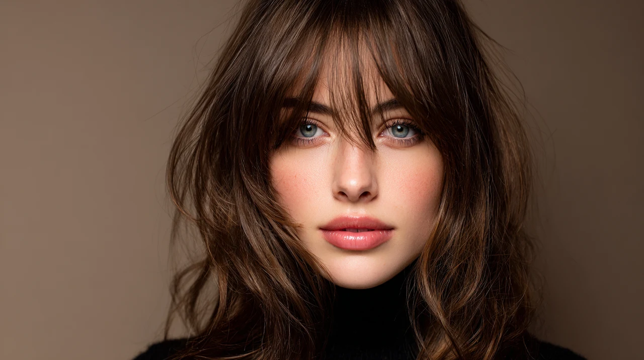 Ženska s trikotno obliko obraza in mehko plasteno pričesko z zavesastim frufrujem