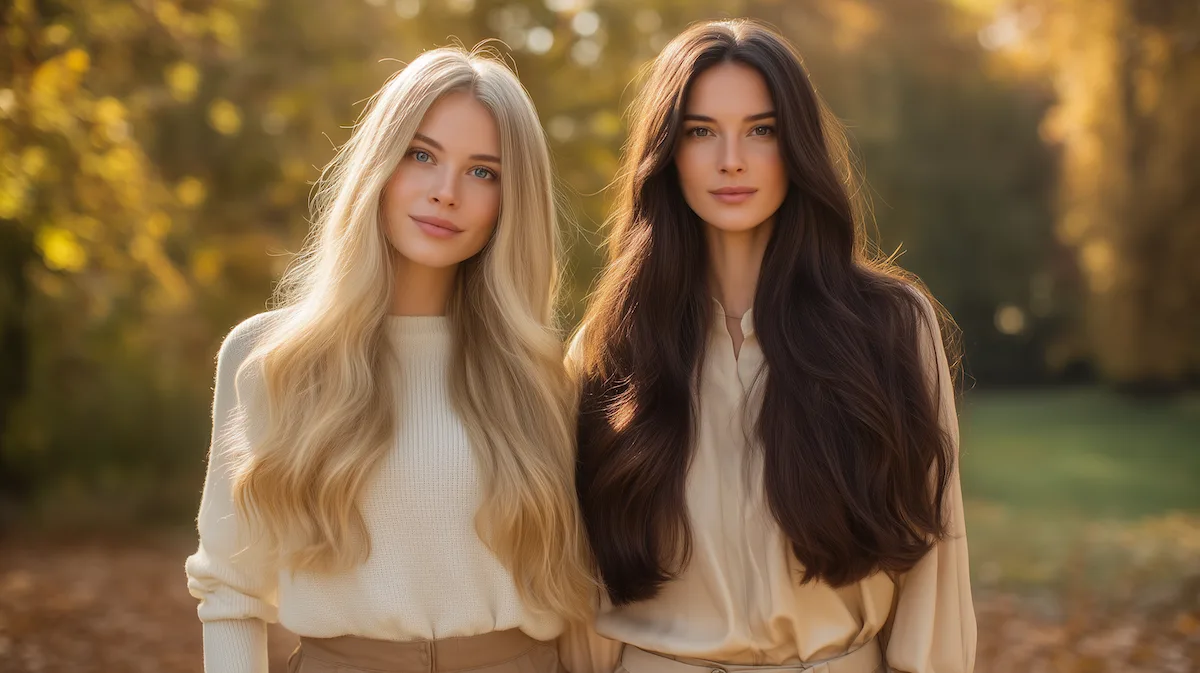 Dve ženski z dolgimi, mehkimi lasmi v toplih jesenskih tonih, ki predstavljata naravno lepoto clip-in podaljškov.