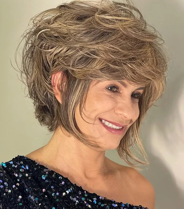 Perjasti pixie-bob v toplih bež tonih z mehkim plastenjem in volumnom po 60. letu.